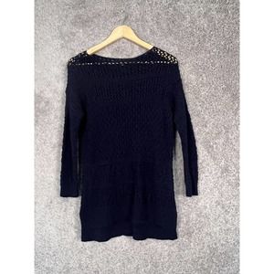 Ann Taylor Sweater Womens Small Blue 3/4 Sleeve Scoop Neck Open Crochet Cotton
